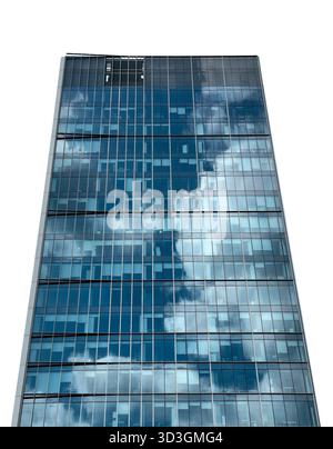 Skyscraper building exterior view. Modern high rise tower with glass windows and reflective surface, symbol of urban architecture, financial property, Stock Photo