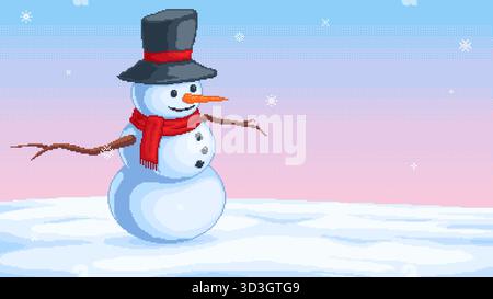 Pixel Art Snowman in Winter Landscape Stock Vector