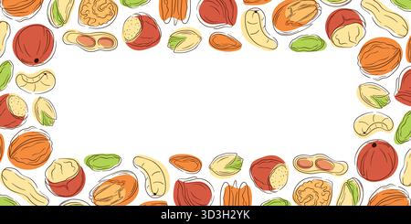 Border frame with nut, almond, cashew, peanut, walnut, hazelnut, pistachio, macadamia and pecan in flat style. Design for grocery store card. Stock Vector