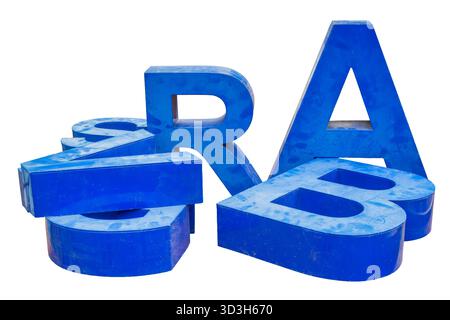Group of vintage plastic blue alphabet letters isolated on a white background Stock Photo