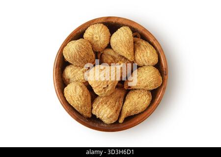 Dried figs in wooden bowl on white background Stock Photo