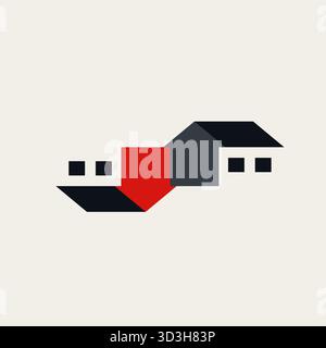 Two stylized houses with a sharp red arrow pointing downwards, representing falling property values, housing market risk, real estate crisis, and broa Stock Vector
