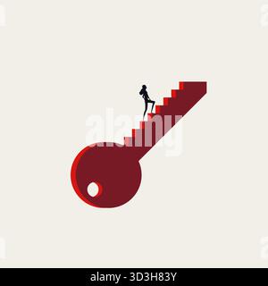 A figure diligently climbing a staircase that is integrated into the shaft of a giant key. A visual metaphor for the dedication and path required to u Stock Vector