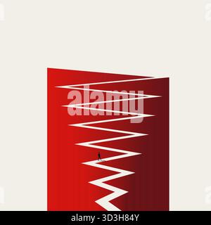 A striking, abstract graphic of a man on a sharp, zigzag path, illustrating the hard road to success, a difficult career path, an unpredictable challe Stock Vector