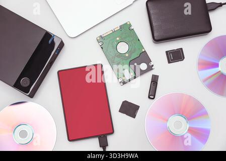 Multiple storage devices, pendrive, memory cards. Backup data Stock Photo
