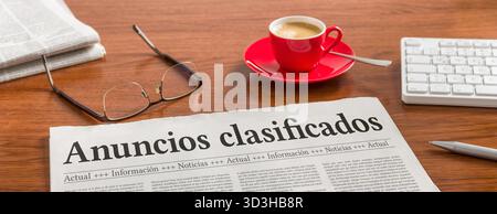 A newspaper on a wooden desk - Classifieds in spanish Stock Photo