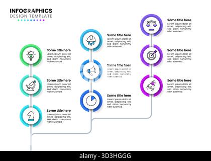 Infographic template with icons and 9 options or steps. Technology tree. Can be used for workflow layout, diagram, banner, webdesign. Vector illustrat Stock Vector