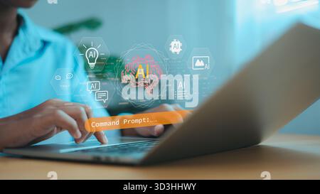 A person using laptop with digital AI icons, symbolizing artificial intelligence, machine learning, data analysis, and modern technology innovation. Stock Photo