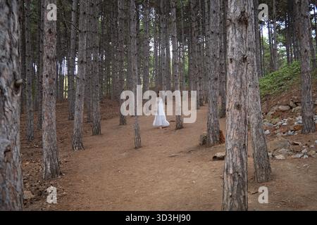 Woman in a white dress standing among tall pine trees on a forest path, seen from a distance. Stock Photo