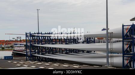 wind turbine blades in racks on the docks Ronne, Bornholm Island ...