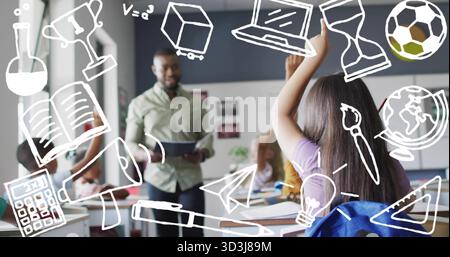 Raising hand girl in purple shirt engaging male teacher in classroom, with doodles, copy space Stock Photo