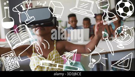 Using VR headset child in yellow check dress stretching arms at classroom, with doodle icons Stock Photo