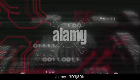 Glowing skull crossbones hovering over dotted grid, displaying red PCB traces, binary, scanlines Stock Photo