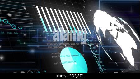 Projecting analytics dashboard on dark backdrop, showing month bars, globe, HUD frames, code Stock Photo