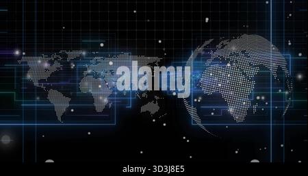 Displaying dotted flat world map and dotted 3D globe linking across virtual interface, neon grid Stock Photo