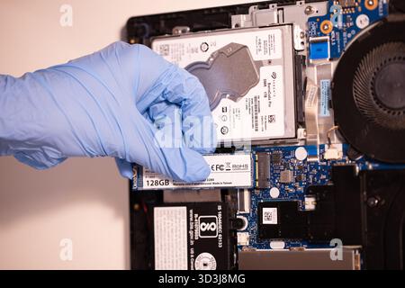 Technician wearing blue gloves using a screwdriver to repair or assemble a laptop’s internal components. Close-up of computer hardware maintenance Stock Photo