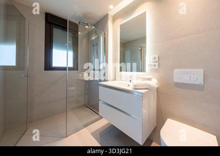 Modern Bathroom Interior with Shower and Vanity mirror in luxury home Stock Photo