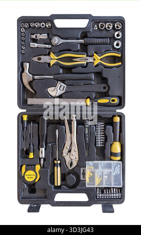 Toolbox set of tools include hammer wrench bit driver pliers hex key bush level hex key Stock Photo