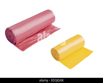 Food, Red and yellow rolls of garbage bags isolated on white Stock Photo