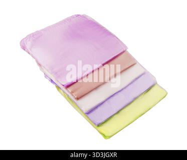 Food, Multi-colored transparent plastic bags isolated on white Stock Photo