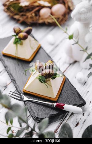Food, Dessert souffle cookies with chocolate Easter eggs Stock Photo