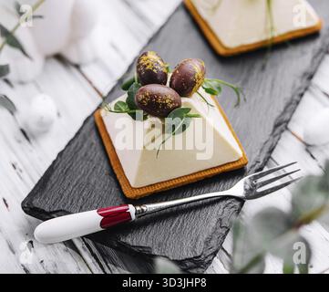 Food, Dessert souffle cookies with chocolate Easter eggs Stock Photo