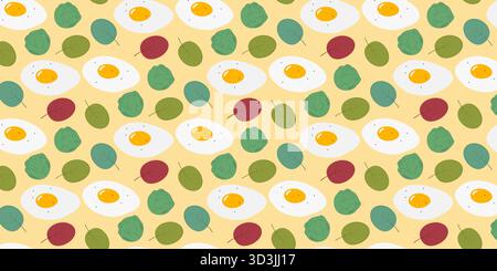Greens Brussels Sprouts and Fried Eggs Seamless Pattern Healthy Food Minimal Backdrop Banner Format. Isolated Vector illustration Healthy Eating Themed Cards Menu Banner, leaflet, label, price, poster Stock Vector