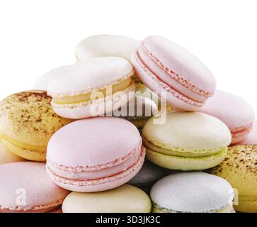 Food, Multicolored macaroons on ceramic plate isolated on white Stock Photo