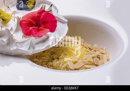 Food, Meringue on plate and almonds with vanilla custard Stock Photo