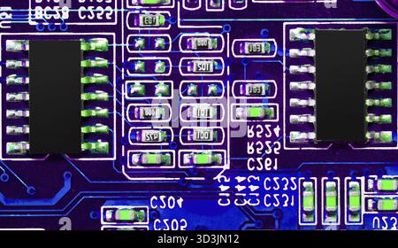 Macro Close up of components and microchips on PC circuit board Stock Photo
