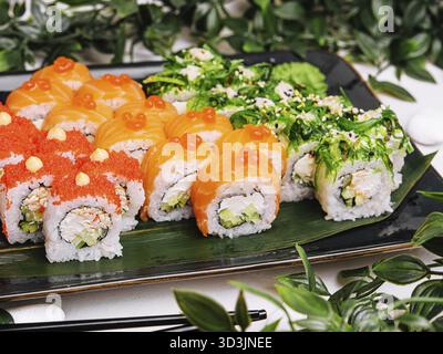 Food, Big set of rolls with wasabi and pickled ginger Stock Photo