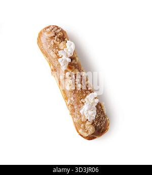 Food, Eclair with caramel and nuts on white Stock Photo
