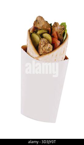 Food, Roll with chicken, tomato and pickled cucumbers isolated on white Stock Photo