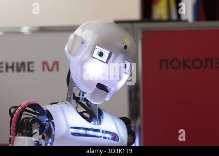 STAVROPOL, RUSSIA - APRIL 6, 2019: Modern Promo robot on the technology exhibition in Stavropol Russia Stock Photo