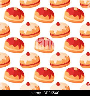 Seamless pattern featuring rows of traditional sufganiyot. Hanukkah jelly donuts. Festive flat vector design perfect for wrapping paper, backgrounds, textiles, and holiday decorations. Stock Vector