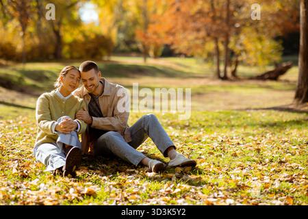 Korean woman and Caucasian man.A couple sits on a grassy area covered with colorful leaves, sharing smiles and laughter in a peaceful park during the Stock Photo