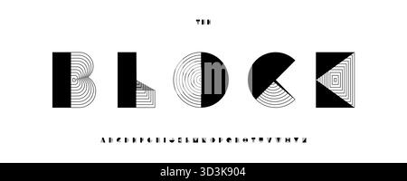 Block font logo alphabet geometric typography with lines square triangle rectangle circle shape lettering for abstract title text, modern architect Stock Vector
