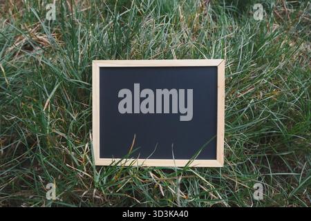 Blackboard is sitting in the grass. Place for text Stock Photo
