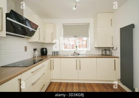Modern kitchen features sleek cabinets and wooden countertops in bright, inviting space Stock Photo