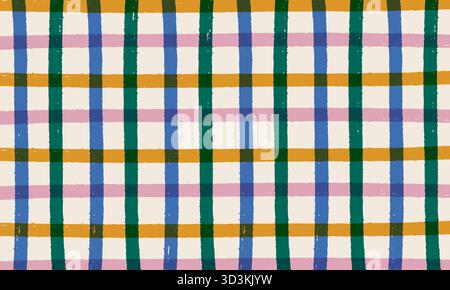 Cute hand drawn grid in doodle style. Fun abstract background. Artistic plaid pattern with colorful checks Stock Vector