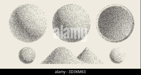 Grainy 3D Shape Background. Stipple dot set with futuristic sun and flower design for retro y2k style bg.. Stock Vector