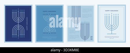 Happy Hanukkah postcard and banners. Composition of simple traditional jewish line icons in minimalist style. Cards with Menorah, Dreidel Stock Vector