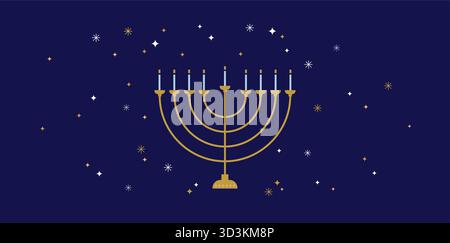 Happy Hanukkah banner, Jewish Festival of Lights traditional holiday background in line minimal style. Composition of simple traditional jewish line Stock Vector