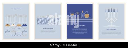 Happy Hanukkah postcard and banners. Composition of simple traditional jewish line icons in minimalist style. Stock Vector