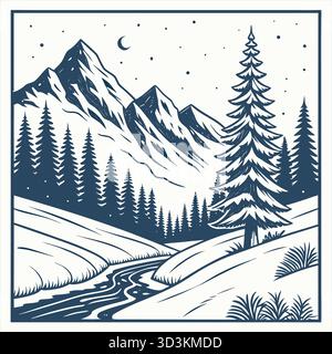 Winter mountain vector with snow-covered peaks, pine trees, and soft snowfall under blue sky Stock Vector