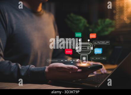 AI Chatbot Concept. Person using smartphone with virtual chat assistant, artificial intelligence technology, online customer support automation, Stock Photo