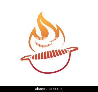 Grill pan Bbq Logo Flame Cooking Pan Vector Hot Fire Symbol Design Icon Illustration Stock Vector