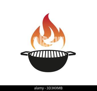 Grill pan Bbq Logo Flame Cooking Pan Vector Hot Fire Symbol Design Icon Illustration Stock Vector