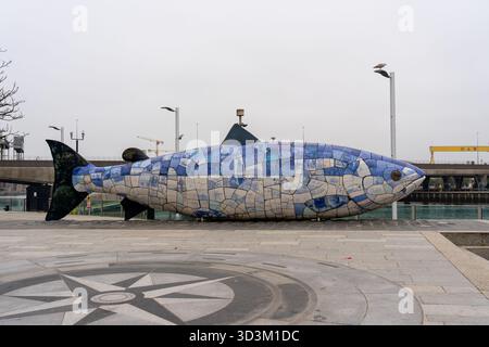The Big Fish sculpture at Donegall Quay in Belfast, Northern Ireland. Stock Photo