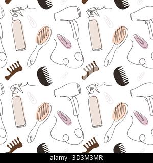 Minimalistic seamless one line art pattern with hairdressing tools and beauty accessories Vector illustration for beauty salon branding, packaging, te Stock Vector